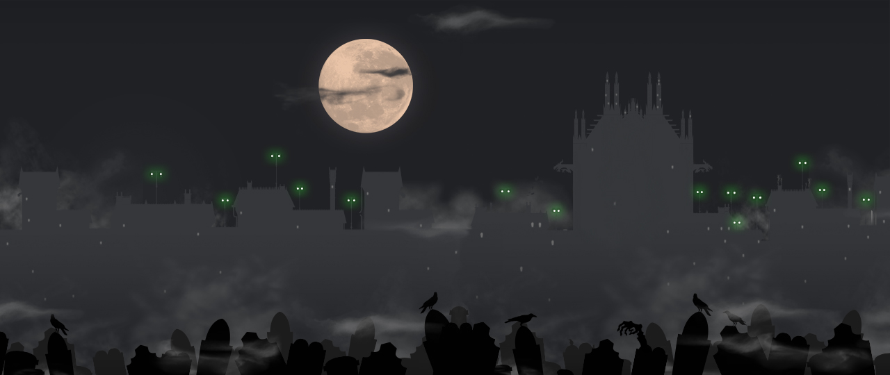 cimetière gothique de Grisaille la nuit avec pleine lune tombes et corbeaux
